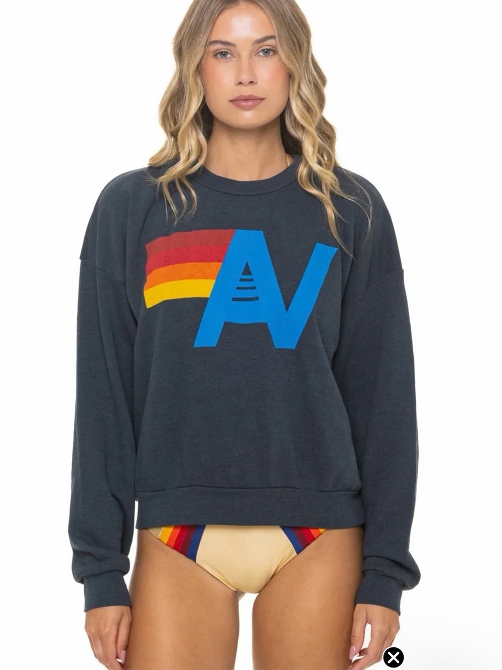 Aviator Nation Charcoal Sweatshirt with Blue 'A' and rainbow Stripes